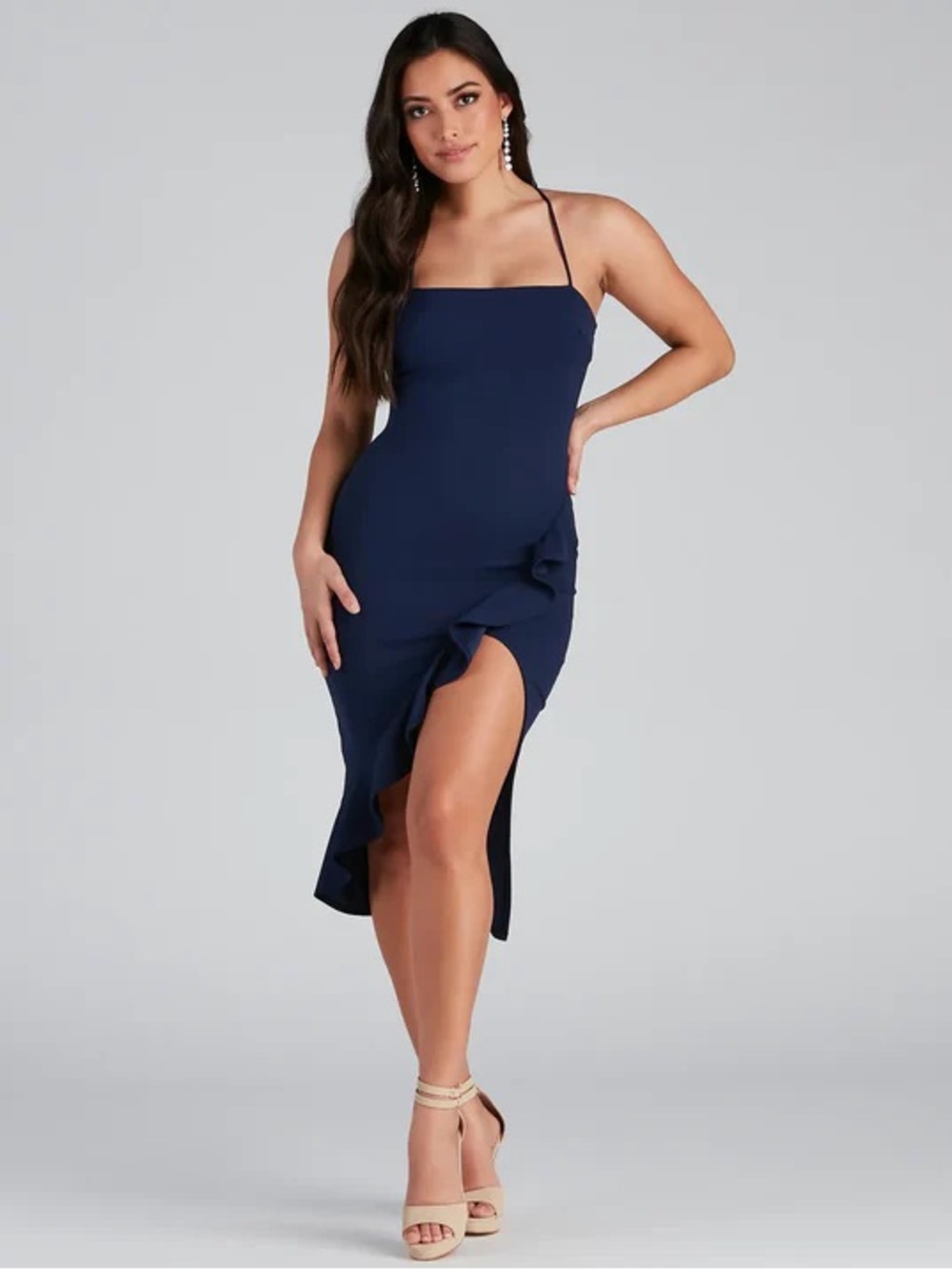 Windsor Navy Spaghetti-Strap Ruffle Midi Dress with Side Slit